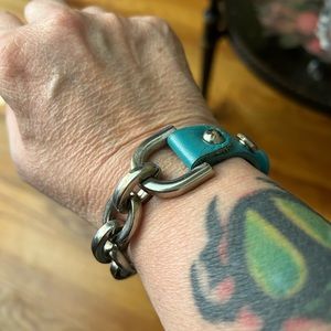 Turquoise vegan leather stainless vintage bracket. 1990’s used loved